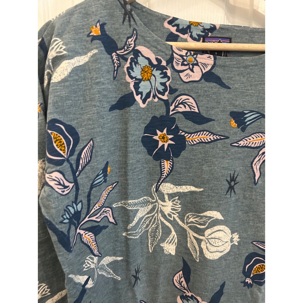 Patagonia Womens Organic Cotton Floral‎ Shift Dress Blue 3/4 Sleeve Small